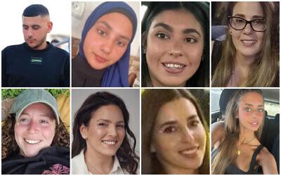 Les otages israéliens libérés des geôles du Hamas après 54 jours de captivité le 30 novembre 2023 : En haut, de gauche à droite : le frère et la sœur Bilal et Aïsha Ziadna, Ilana Gritzewsky, Nili Margalit ; en bas : Shani Goren, Amit Soussana, Sapir Cohen, Mia chem. (Crédit : Times of Israel)