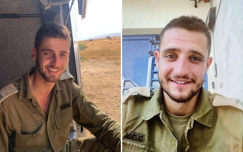 Le soldat Asaf Master, 22 ans, à gauche, et le soldat Kfir Itzhak Franco, 22 ans, qui ont été tués en combattant les terroristes du Hamas dans la bande de Gaza le 15 novembre 2023. (Crédit : armée israélienne)
