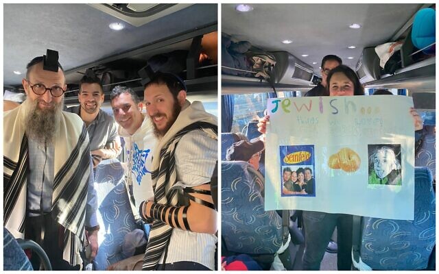 Des Juifs de Brooklyn à bord d'un bus en route vers Washington pour un rassemblement pro-Israël, le 14 novembre 2023. (Crédit : Sarah Rosen/Times of Israel)