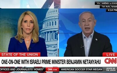 Le Premier ministre Benjamin Netanyahu participant à une interview sur CNN avec l'animatrice Dana Bash, le 12 novembre 2023. (Crédit : Capture d'écran CNN ; utilisée conformément à la clause 27a de la loi sur les droits d'auteur)