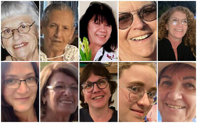 Les otages israéliennes libérées le 28 novembre 2023 : en haut, de gauche à droite : Ditza Heiman, Tamar Metzger, Noralin Babadila Agojo, Ada Sagi, Meirav Tal ; en bas : Rimon Kirsht, Ofelia Roitman, Gabriela Leimberg et sa fille Mia, Clara Marman. (Autorisation ; image combinée : Times of Israel)