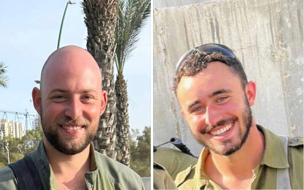 Le sergent-chef Roee Marom, 21 ans, de Raanana, à droite, commandant du bataillon 906, et le sergent-chef Raz Abulafia, 27 ans, de Rishpon, combattant du bataillon 6863, tous deux tués lors de combats dans la bande de Gaza. (Crédit : Porte parole de l'armée israélienne)