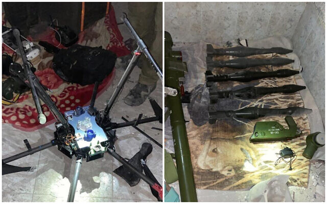 Ces photos montrent un drone du Hamas et des explosifs récupérés par les troupes de Tsahal dans une maison au nord de Gaza à Beit Hanoun, le 5 novembre 2023. (Crédit : Tsahal)