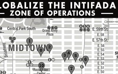 Une carte postée par le groupe pro-palestinien américain Within Our Lifetime détaillant les emplacements des organisations juives à New York, le 17 novembre 2023. (Crédit : Capture d'écran Instagram : utilisée conformément à la clause 27a de la loi sur le droit d'auteur)