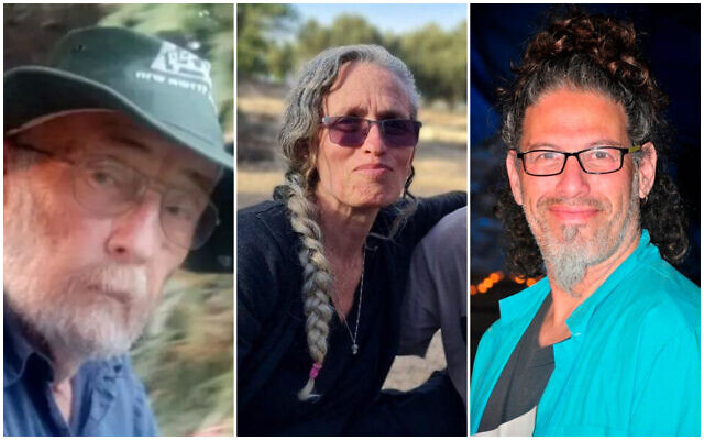 Aryeh Zalmanovich, à gauche, Maya Goren, au centre, et Ronen Engel, à droite, otages du kibboutz Nir Oz pris par le Hamas le 7 octobre et déclarés morts le 1er décembre 2023. (Crédit : Autorisation ; combinaison d'images : Times of Israel) Aryeh Zalmanovich, à gauche, Maya Goren, au centre, et Ronen Engel, à droite, otages du kibboutz Nir Oz pris par le Hamas le 7 octobre et déclarés morts le 1er décembre 2023. (Crédit : Autorisation ; combinaison d'images : Times of Israel)
