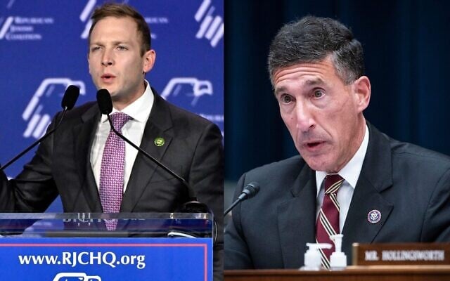 Cette photo composite montre le représentant républicain Max Miller de l'Ohio (R), s'exprimant lors d'une réunion annuelle de leadership de la Coalition juive républicaine, le 28 octobre 2023, à Las Vegas ; et le représentant du Parti républicain David Kustoff, du Tennessee, s'exprimant lors d'une audience de la commission des services financiers de la Chambre des représentants des États-Unis, le 30 septembre 2021 sur la colline du Capitole à Washington. (Crédit : AP Photo/David Becker and Al Drago/Pool via AP) Cette photo composite montre le représentant républicain Max Miller de l'Ohio (R), s'exprimant lors d'une réunion annuelle de leadership de la Coalition juive républicaine, le 28 octobre 2023, à Las Vegas ; et le représentant du Parti républicain David Kustoff, du Tennessee, s'exprimant lors d'une audience de la commission des services financiers de la Chambre des représentants des États-Unis, le 30 septembre 2021 sur la colline du Capitole à Washington. (Crédit : AP Photo/David Becker and Al Drago/Pool via AP)