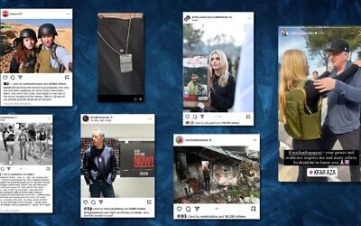 Des célébrités et des personnalités influentes telles que Jerry Seinfeld, Debra Messing, Montana Tucker, Scooter Braun, Michael Rapaport, Caroline D'Amore, Gregg Sulkin et Emily Austin se sont rendues en Israël pour rencontrer les familles des otages et visiter les sites des massacres du 7 octobre (Crédit : Screenshots/Instagram, design by Jackie Hajdenberg/JTA)