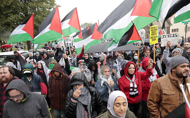 Une manifestation anti-Israël pendant la guerre entre Israël et le Hamas, à Dearborn, dans le Michigan, le 14 octobre 2023. (Crédit : Jeff Kowalsky/AFP) Une manifestation anti-Israël pendant la guerre entre Israël et le Hamas, à Dearborn, dans le Michigan, le 14 octobre 2023. (Crédit : Jeff Kowalsky/AFP)