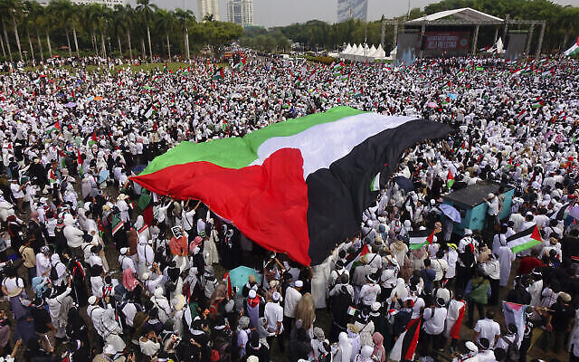 Des manifestants déploient un drapeau palestinien géant lors d'un rassemblement, en signe de solidarité, au Monument national de Jakarta, le 5 novembre 2023. (Crédit : Azwar Ipank/AFP)