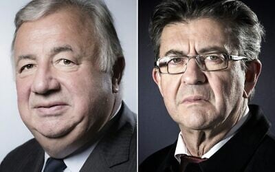 Cette combinaison d'images créée le 6 décembre 2023 montre le président du Sénat français Gérard Larcher (à gauche) lors d'une séance photo au Palais du Luxembourg abritant le Sénat français, à Paris le 6 juin 2018 et le fondateur du parti de gauche français La France Insoumise (LFI) Jean-Luc Mélenchon (à droite) lors d'une séance photo à Paris le 24 janvier 2017. (Crédit : JOEL SAGET / AFP)