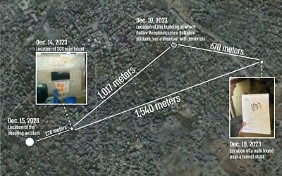 Infographie publiée par les IDF le 28 décembre 2023 détaillant les emplacements d'un incident dans le quartier de Shejaiya à Gaza où trois otages ont été tués par des troupes israéliennes. (Crédit : armée israélienne)