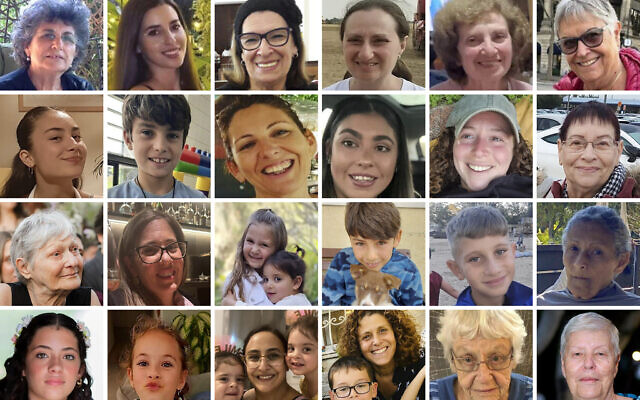 Les résidents du kibboutz Nir Oz libérés des geôles du Hamas dans la bande de Gaza, où ils étaient retenus en otage depuis l'attaque transfrontalière du 7 octobre. Rangée du haut à partir de la gauche : Adina Moshe, Sapir Cohen, Ofelia Roitman, Irena Tati, Yelena Trupanov, Ada Sagi. Deuxième rangée à partir de la gauche : Sahar Kalderon et son frère Erez Kalderon, Liat Atzili, Ilana Gritzewsky, Shani Goren, Hanna Peri. Troisième rangée à partir de la gauche : Yaffa Adar, Nili Margalit, les sœurs Aviv, à droite, et Raz Asher Katz, Eitan Yahalomi, Yagil Yaakov, Tamar Metzger. Rangée du bas à partir de la gauche : Dafna Elyakim et sa sœur Ella Elyakim, Sharon Aloni Cunio, au centre, et ses filles jumelles, Emma et Yuli, Keren Munder et son fils Ohad, Ditza Heiman, Hannah Katzir. (Crédit : Forum des familles des otages et disparus via AP)