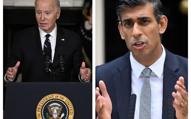 (À DROITE) Le nouveau Premier ministre britannique, Rishi Sunak, prononçant un discours devant le 10 Downing Street, dans le centre de Londres, le 25 octobre 2022. (Crédit : Daniel Leal/AFP) ; Le président américain Joe Biden, avec la vice-présidente Kamala Harris (à gauche) et le secrétaire d'État Antony Blinken (à droite), évoque les atrocités commises par le Hamas contre des Israéliens et promet un soutien sans faille à Israël, dans la salle à manger d'État de la Maison Blanche, à Washington, le 10 octobre 2023. (Crédit : Brendan SMIALOWSKI / AFP) (À DROITE) Le nouveau Premier ministre britannique, Rishi Sunak, prononçant un discours devant le 10 Downing Street, dans le centre de Londres, le 25 octobre 2022. (Crédit : Daniel Leal/AFP) ; Le président américain Joe Biden, avec la vice-présidente Kamala Harris (à gauche) et le secrétaire d'État Antony Blinken (à droite), évoque les atrocités commises par le Hamas contre des Israéliens et promet un soutien sans faille à Israël, dans la salle à manger d'État de la Maison Blanche, à Washington, le 10 octobre 2023. (Crédit : Brendan SMIALOWSKI / AFP)