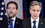 À gauche : le conseiller adjoint à la sécurité nationale des États-Unis, Jon Finer, s'exprime à Bogota, en Colombie, le 22 juillet 2022 (AP/Ivan Valencia) ; À droite : Le Secrétaire d'État américain Antony Blinken s'exprime lors d'un événement avec le ministre britannique des Affaires étrangères, David Cameron, au Département d'État, le 7 décembre 2023 à Washington (AP/Alex Brandon)