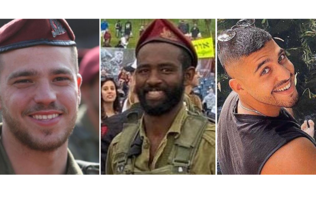 De gauche à droite : Le sergent-chef Amit Bonzel, le sergent-chef Alemnew Emanuel Feleke, et le sergent de première classe (réserviste) Maor Gershoni, 24 ans, tués lors de combats dans la bande de Gaza le 6 décembre 2023. (Crédit : Armée israélienne) De gauche à droite : Le sergent-chef Amit Bonzel, le sergent-chef Alemnew Emanuel Feleke, et le sergent de première classe (réserviste) Maor Gershoni, 24 ans, tués lors de combats dans la bande de Gaza le 6 décembre 2023. (Crédit : Armée israélienne)