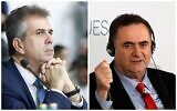 Collage photos : À gauche, le ministre des Affaires étrangères Eli Cohen ; à droite, le ministre de l'Énergie Israël Katz. (Crédit : AP)