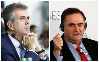 Collage photos : À gauche, le ministre des Affaires étrangères Eli Cohen ; à droite, le ministre de l'Énergie Israël Katz. (Crédit : AP)