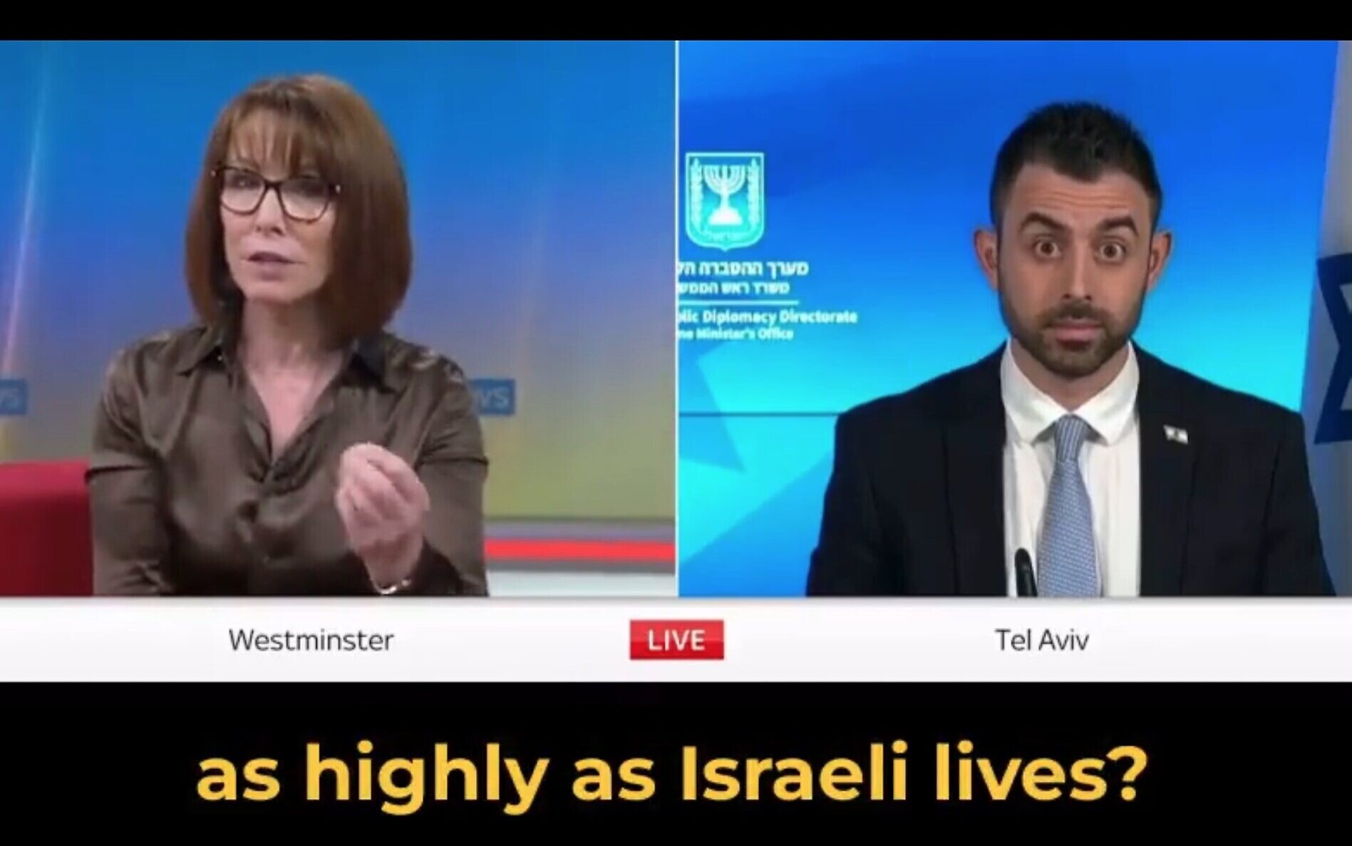 Eylon Levy surpris lors d'un entretien avec Sky news, en novembre 2023. (Crédit : Capture d'écran X ; utilisée conformément à la clause 27a de la loi sur le droit d'auteur)
