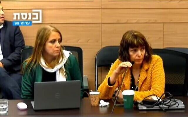 Des responsables du ministère de la Santé, la Dre Hagar Mizrahi, à gauche, et la professeure Ronit Endevelt prennent part à une réunion de la commission de la santé de la Knesset, à la Knesset, à Jérusalem, le 5 décembre 2023. (Capture d'écran : Chaîne de la Knesset)