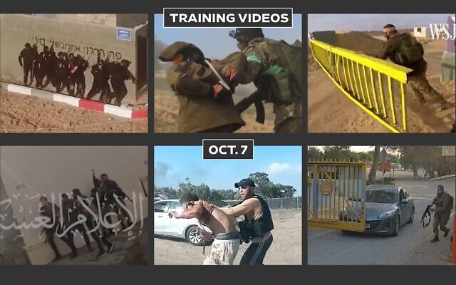 Extrait d'une analyse vidéo du Wall Street Journal montrant des images des sessions d’entraînements annuels de groupes terroristes gazaouis à côté d'images similaires de l'attaque du 7 octobre du Hamas dans le sud d'Israël, diffusé le 12 décembre 2023. (Crédit : Capture d'écran du Wall Street Journal) Extrait d'une analyse vidéo du Wall Street Journal montrant des images des sessions d’entraînements annuels de groupes terroristes gazaouis à côté d'images similaires de l'attaque du 7 octobre du Hamas dans le sud d'Israël, diffusé le 12 décembre 2023. (Crédit : Capture d'écran du Wall Street Journal)