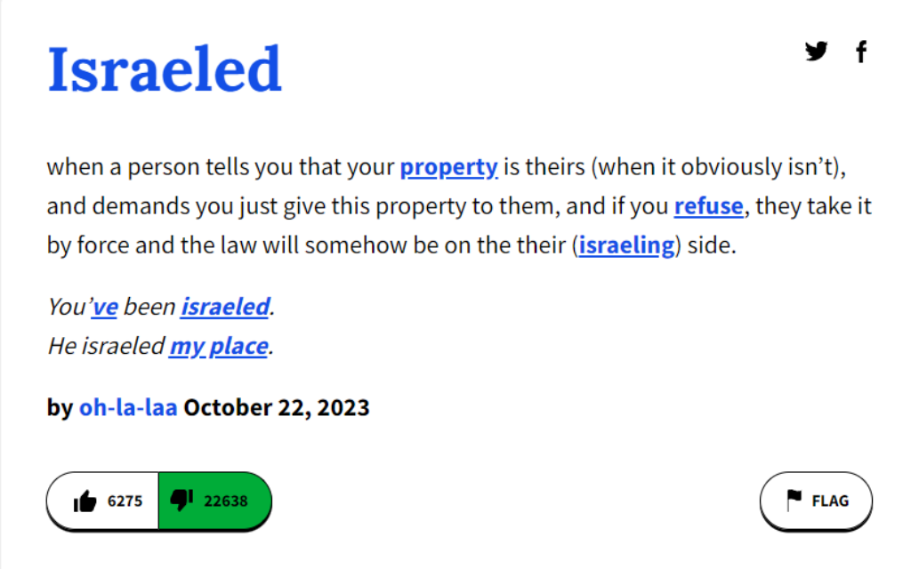 Capture d'écran de l'Urban Dictionary du terme "Israeled", ajouté en octobre 2023. (Crédit : Matt Lebovic/Times of Israel) Capture d'écran de l'Urban Dictionary du terme "Israeled", ajouté en octobre 2023. (Crédit : Matt Lebovic/Times of Israel)