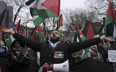 Des manifestants devant la Cour internationale de justice, à La Haye, aux Pays-Bas, le 12 janvier 2024. Illustration (Crédit : Patrick Post/AP Photo)