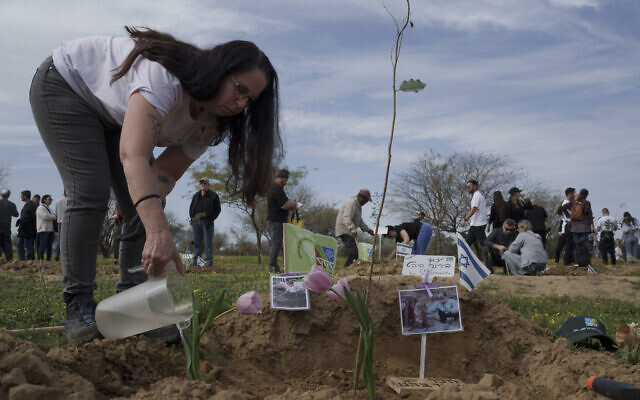 Ela Bahat versant de l'eau où elle et son époux ont planté un arbre et des tulipes en mémoire de leur fils Dror, 30 ans, assassiné le 7 octobre lors de l'attaque transfrontalière perpétrée par des terroristes du Hamas au Festival Supernova, à proximité du kibboutz Reïm, dans le sud d'Israël, lors d'un événement où les amis et les parents ont planté des arbres en mémoire de leurs proches, le 21 janvier 2024. (Crédit : Leo Correa/AP Photo) Ela Bahat versant de l'eau où elle et son époux ont planté un arbre et des tulipes en mémoire de leur fils Dror, 30 ans, assassiné le 7 octobre lors de l'attaque transfrontalière perpétrée par des terroristes du Hamas au Festival Supernova, à proximité du kibboutz Reïm, dans le sud d'Israël, lors d'un événement où les amis et les parents ont planté des arbres en mémoire de leurs proches, le 21 janvier 2024. (Crédit : Leo Correa/AP Photo)