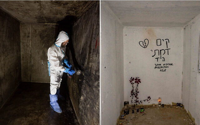 Montage photos : À gauche, un bénévole de ZAKA nettoiyant les taches de sang d'un miklat où des Israéliens ont été assassinés le 7 octobre, près de la frontière de Gaza, le 19 novembre 2023. À droite, un miklat où des Israéliens ont été tués lors de l'attaque du Hamas le 7 octobre, près de la frontière de Gaza, repeint, le 2 janvier 2024. (Crédit : Chaïm Goldberg/Flash90)