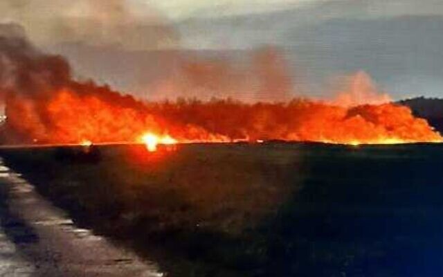 Un incendie dans un champ de la région de Shfela après qu'un drone militaire s'est écrasé, le 29 janvier 2024. (Autorisation) Un incendie dans un champ de la région de Shfela après qu'un drone militaire s'est écrasé, le 29 janvier 2024. (Autorisation)