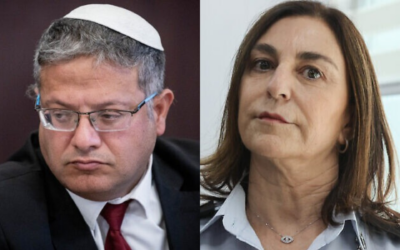 A gauche, le ministre de la Sécurité nationale Itamar Ben Gvir lors d'une réunion du cabinet au bureau du Premier ministre, à Jérusalem, le 10 septembre 2023 ; à droite, la cheffe des services pénitentiaires israéliens, Katy Perry, à Modiin, le 7 mars 2022.
(Crédits : Flash90) A gauche, le ministre de la Sécurité nationale Itamar Ben Gvir lors d'une réunion du cabinet au bureau du Premier ministre, à Jérusalem, le 10 septembre 2023 ; à droite, la cheffe des services pénitentiaires israéliens, Katy Perry, à Modiin, le 7 mars 2022.
(Crédits : Flash90)