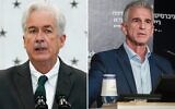 Illustration : À gauche, le directeur de la CIA William Burns, s'exprimant au siège de la CIA à Langley, le 8 juillet 2022 ; à droite, le directeur du Mossad David Barnea, s'exprimant lors d'une conférence à Tel Aviv, le 10 septembre 2023. (Crédits : Susan Walsh/AP ; Avshalom Sassoni/Flash90 - Montage : The Times of  Israel)