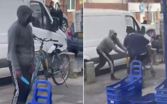 L'individu en possession d'une arme blanche impliqué dans l'agression d'un supermarché casher du quartier de Golders Green, à Londres, le 29 janvier 2024. (Capture d'écran : X) L'individu en possession d'une arme blanche impliqué dans l'agression d'un supermarché casher du quartier de Golders Green, à Londres, le 29 janvier 2024. (Capture d'écran : X)