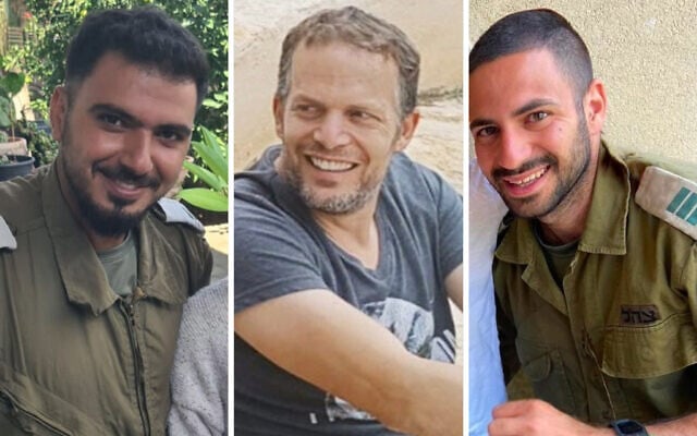 Montage. le major (Rés.) Netzer Simchi, 30 ans, à gauche, de l'adjudant (Rés.) Yuval Nir, 43 ans, au centre, et du capitaine (Rés.) Gavriel Shani, 28 ans, à droite, tués à Gaza le 30 janvier 2024. (Crédit : armée israélienne)