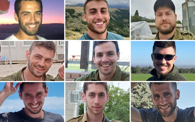 De gauche à droite : en haut, le Cne (res.) Ron Efrimi, le Sgt (res.) Roi Avraham Maimon, le Sgt (res.) Akiva Yasinskiy ; au milieu, le Sgt (res.) Yakir Hexter, le Sgt (res.) Gavriel Bloom, le Cne (res.) Denis Krokhmalov Veksler : Sergent de première classe (res.) Yakir Hexter, Sergent de première classe (res.) Gavriel Bloom, Capitaine (res.) Denis Krokhmalov Veksler ; en bas : Le sergent-chef (res.) Amit Moshe Shahar, le sergent Roi Tal, le sergent de première classe (res.) Gavriel Bloom, tous tués à Gaza le 8 janvier 2024. (Crédit : armée israélienne)