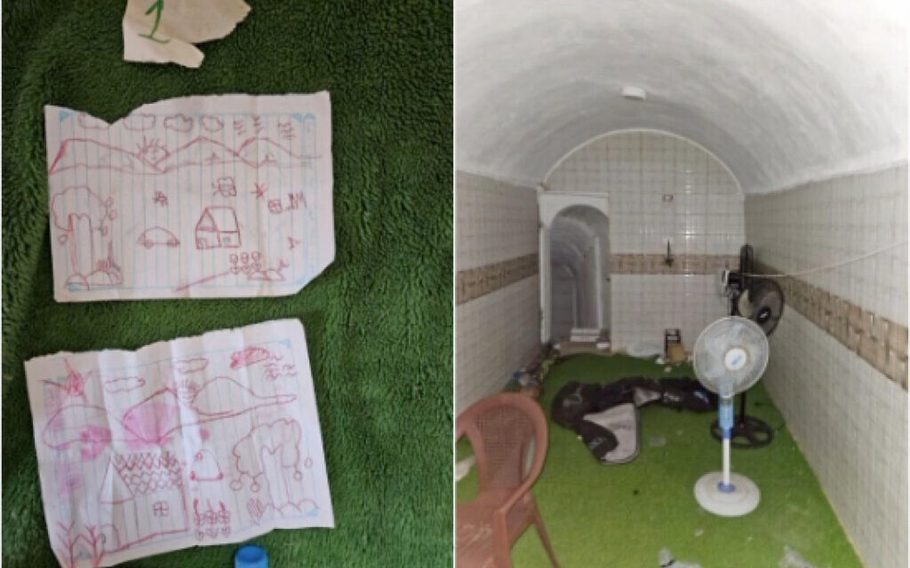 A gauche, les dessins faits par une petite otage de cinq ans qui ont été retrouvés à Gaza, dans un tunnel situé à Khan Younès, dans le sud de la bande. A droite, un espace où les otages étaient conservés en détention dans le souterrain, des images diffusées par l'armée israélienne le 20 janvier 2024. (Crédit : Armée israélienne)