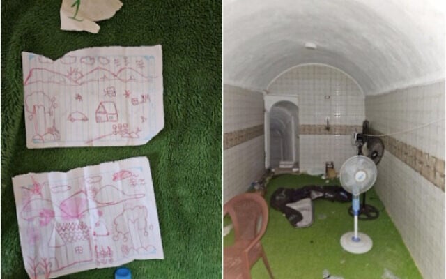 A gauche, les dessins faits par une petite otage de cinq ans qui ont été retrouvés à Gaza, dans un tunnel situé à Khan Younès, dans le sud de la bande. A droite, un espace où les otages étaient conservés en détention dans le souterrain, des images diffusées par l'armée israélienne le 20 janvier 2024. (Crédit : Armée israélienne) A gauche, les dessins faits par une petite otage de cinq ans qui ont été retrouvés à Gaza, dans un tunnel situé à Khan Younès, dans le sud de la bande. A droite, un espace où les otages étaient conservés en détention dans le souterrain, des images diffusées par l'armée israélienne le 20 janvier 2024. (Crédit : Armée israélienne)