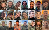 Soldats tués dans le centre de la bande de Gaza le 22 janvier 2024 : En haut (de gauche à droite) : Sergent-major (Rés.) Mark Kononovich, sergent-chef (Rés.) Israel Socol, sergent-major (Rés.) Adam Bismut, sergent-major (Rés.) Shay Biton Hayun, sergent-major (Rés.) Itamar Tal, sergent-major (Rés.) Daniel Kasau Zegeye, sergent-chef (Rés.) Cedrick Garin ; au milieu : Sergent-chef (Rés.) Hadar Kapeluk, Sergent-major (Rés.) Matan Lazar, Capitaine (Rés.) Ariel Mordechay Wollfstal, Sergent-chef (Rés.) Elkana Vizel, Capitaine (Rés.) Nir Binyamin, Sergent-chef (Rés.) Sagi Idan, Sergent-chef (Rés.) Ahmad Abu Latif ; en bas : Sergent-major (Rés.) Rafael Elias Mosheyoff, sergent-chef (Rés.) Nicholas Berger, sergent-chef (Rés.) Yoav Levi, sergent-chef (Rés.) Yuval Lopez, sergent-chef (Rés.) Elkana Yehuda Sfez, sergent-major (Rés.) Sergey Gontmaher, sergent-major (Rés.) Barak Haim Ben Valid. (Credits : Armée israélienne, avec l'aimable autorisation du Times of Israel)