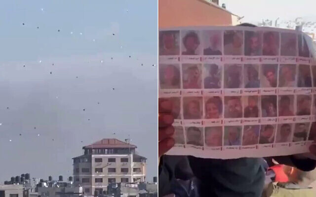 Des tracts de l’armée israélienne largués sur le sud de Gaza demandant des informations sur les otages détenus par le Hamas, le 20 janvier 2024. (Crédit : Capture d'écran de la vidéo X ; utilisée conformément à la clause 27a de la loi sur les droits d'auteur) Des tracts de l’armée israélienne largués sur le sud de Gaza demandant des informations sur les otages détenus par le Hamas, le 20 janvier 2024. (Crédit : Capture d'écran de la vidéo X ; utilisée conformément à la clause 27a de la loi sur les droits d'auteur)