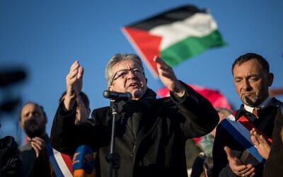 French Founder of La France Insoumise (LFI) party Jean-Luc Melenchon (C) gestures as he addresses a speech next to French LFI member of Parliament Jean-Francois Coulomme (R) at a demonstration for a cease-fire in Gaza and in solidarity with the Palestinian people in front of the United Nations Offices in Geneva on February 3, 2024. (Photo by Fabrice COFFRINI / AFP) French Founder of La France Insoumise (LFI) party Jean-Luc Melenchon (C) gestures as he addresses a speech next to French LFI member of Parliament Jean-Francois Coulomme (R) at a demonstration for a cease-fire in Gaza and in solidarity with the Palestinian people in front of the United Nations Offices in Geneva on February 3, 2024. (Photo by Fabrice COFFRINI / AFP)