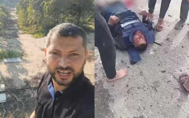 Ismail Abu Omar, journaliste d'Al Jazeera, au kibboutz Nir Oz le 7 octobre, et après avoir été touché lors d'une frappe à Rafah, dans le sud de Gaza, le 13 février 2024. (Capture d'écran : X) Ismail Abu Omar, journaliste d'Al Jazeera, au kibboutz Nir Oz le 7 octobre, et après avoir été touché lors d'une frappe à Rafah, dans le sud de Gaza, le 13 février 2024. (Capture d'écran : X)