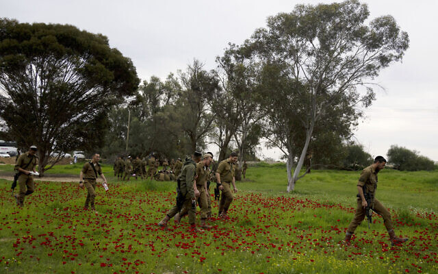 Des soldats israéliens marchent sur un tapis d'anémones rouges en fleurs à Re'im, dans le sud d'Israël, lundi 12 février 2024, sur le site du massacre du Hamas au festival de musique Nova, où des centaines de fêtards ont été tués et enlevés dans la bande de Gaza. (Crédit : AP Photo/Maya Alleruzzo)