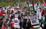 Des manifestants brandissent des drapeaux et des pancartes lors d'une manifestation de soutien à la population palestinienne de Gaza, à Londres, le samedi 17 février 2024. (Crédit : AP Photo/Alberto Pezzali)