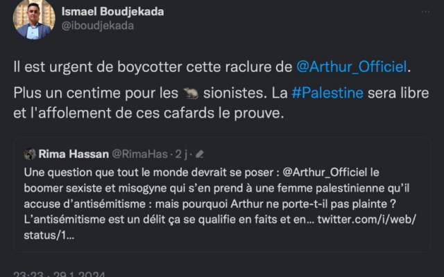 Un post antisémite d’Ismaël Boudjekada, sur X.