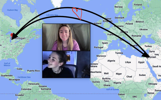 Image composite montrant des participantes à One2One lors d'un appel vidéo non daté, sur une carte reliant les États-Unis et Israël. (Crédit : Autorisation)