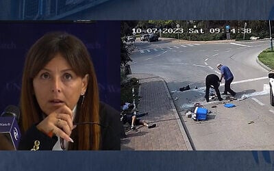Ayelet Samerano en train de regarder une vidéo du kidnapping du corps de son fils par un employé de l'UNRWA qui avait ramené la dépouille à Gaza lors d'un sommet d'UN Watch à Genève, le 26 février 2024. (Capture d'écran : Forum des Familles d'otages ; used in accordance with Clause 27a of the Copyright Law)