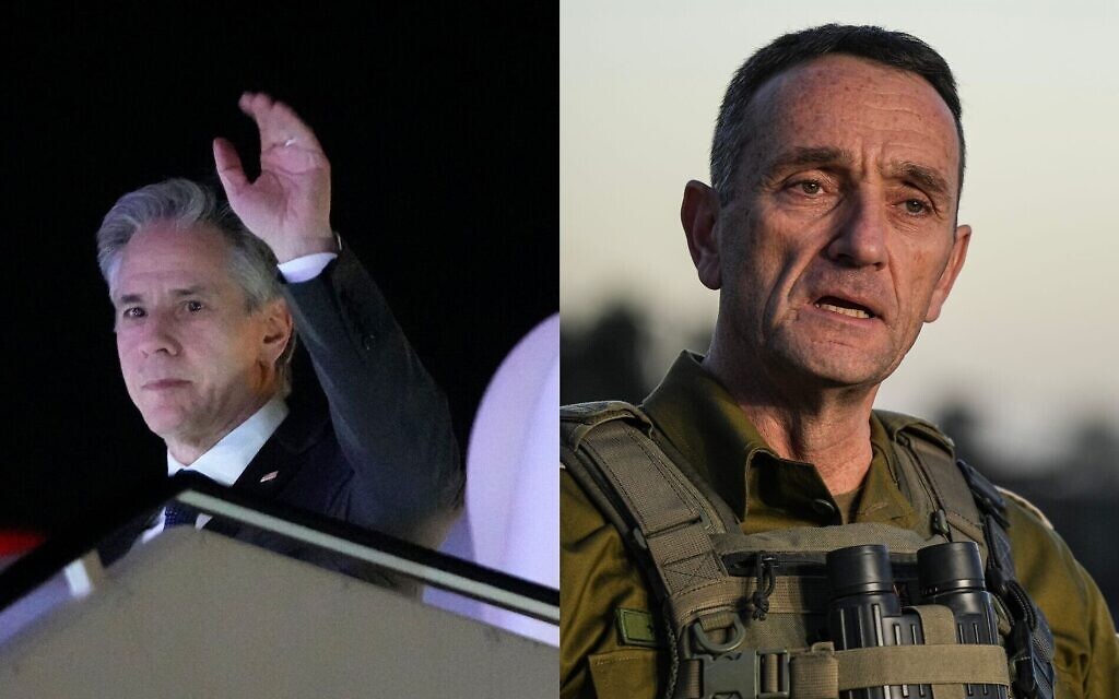 Le secrétaire d'État américain Antony Blinken saluant à son arrivée à l'aéroport Ben Gurion le 6 février 2024 ; et le chef d'état-major de Tsahal Herzi Halevi faisant une déclaration aux médias dans une base du sud d'Israël le 26 décembre 2023. (Crédit : AP Photo/Mark Schiefelbein, Pool et Flash90)