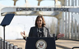 La vice-président américaine Kamala Harris s'exprime lors d'un événement à Selma, dans l'Alabama, le 3 mars 2024. (Crédit : SAUL LOEB / AFP)