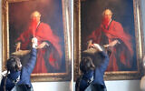 Une combinaison de captures d'images tirées d'une vidéo publiée par le groupe de protestation Palestine Action le 8 mars 2024 montrant une activiste pulvérisant de la peinture rouge et lacérant un tableau de Lord Arthur James Balfour au Trinity College de Cambridge. (Crédit : Handout / Palestine Action / AFP)