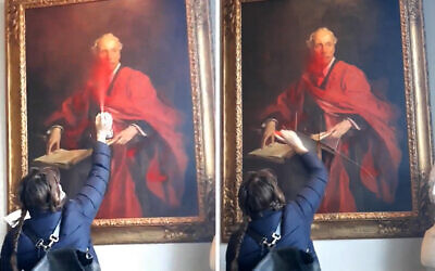 Une combinaison de captures d'images tirées d'une vidéo publiée par le groupe de protestation Palestine Action le 8 mars 2024 montrant une activiste pulvérisant de la peinture rouge et lacérant un tableau de Lord Arthur James Balfour au Trinity College de Cambridge. (Crédit : Handout / Palestine Action / AFP)