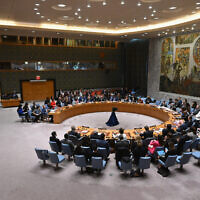 Le Conseil de sécurité des Nations unies réunit sur la situation au Moyen-Orient, au siège de l'ONU, à New York, le 25 mars 2024. (Crédit : Angela Weiss/AFP)